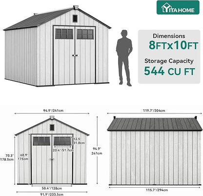 YITAHOME 8x10 FT Outdoor Storage Shed with Floor, Plastic Garden Shed for Bikes, Tools, and Pool Supplies, Outdoor Resin Shed with Lockable Doors, Windows, and Vents for Patio, Lawn, Backyard, Gray