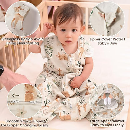 PHF Soft Baby Sleep Sack 18-24 Months 100% Organic Cotton Wearable Blanket, 2-Way Zipper 0.5 TOG Toddler Sleeping Sack 3 Pack, Comfy Sleep Bag for Baby Boys Girls, Woodland (X-Large)