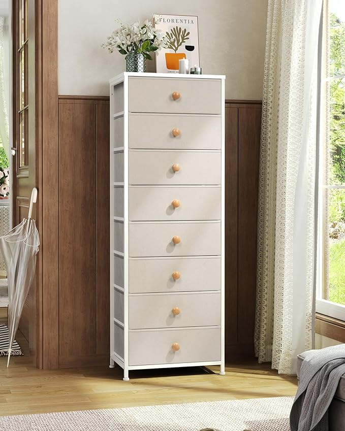 Crestlive Products Tall Dresser, 8-Drawer Fabirc Storage Tower, Chests of Drawers - Vertical Organizer Unit for Bedroom, Hallway, Entryway, Nursery, Closets - Steel Frame, Wood Top & Handles (Beige)