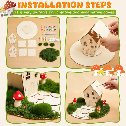 Kathfly 8 Sets Wooden Fairy House Craft Kit, Fairy Garden Kit with Paints & Decorations, Unpainted Miniature Accessories for Home Event Party Decor, Arts Crafts Birthday Gift