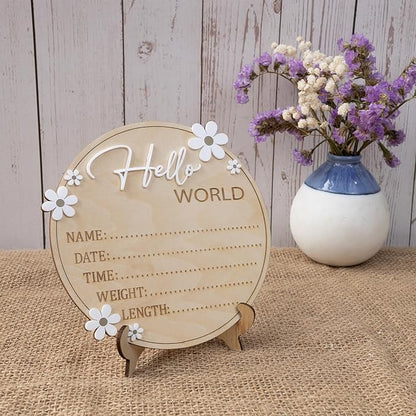 Baby Announcement Sign 6.5 Inch Wooden Hello World Newborn Welcome Sign Birth Name Plaques for Photo Props Shower Hospital Nursery (Daisy)