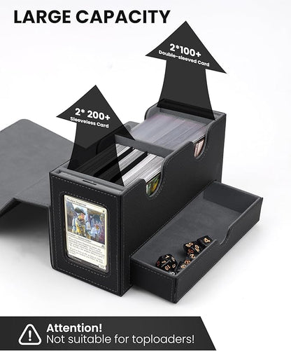 MRAUF MTG Deck Box with Double Commander Display and Dice Tray, Fits 200+ Double Sleeved Cards, Card Storage Box Plus 2 Magnetic Holders& 100Pcs Card Sleeves (Black)