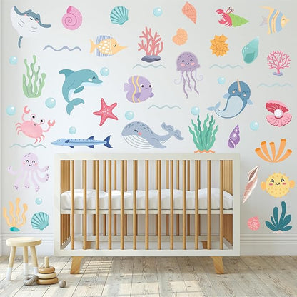 AOWDIAO 58 Pcs Ocean Animals Wall Decals - Peel and Stick Under The Sea Kids’ Room & Nursery Decor