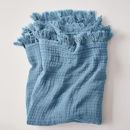 Simple&Opulence Cotton Muslin Throw Blanket for Bed, Couch, Knit Woven Gauze Blanket with Tassels, Soft Lightweight Cozy Pre-Washed Breathable Farmhouse Decoration for All-Season (Dusty Blue)