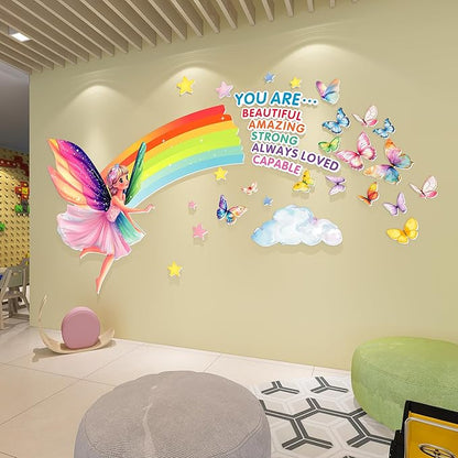 3D Fairy Wall Stickers for Girls Room Decor Wall Decals Peel and Stick for Girls Bedroom Large Pink Princess Pictures Kids Murals Wallpaper Art Inspirational Decor for Nursery Toddler