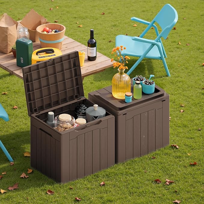Devoko 30 Gallon Resin Deck Box 2 Pack Outdoor Indoor Waterproof Storage Box for Patio Furniture Pool Accessories Storage for Cushion Garden Tools (Brown, 2 Pack)