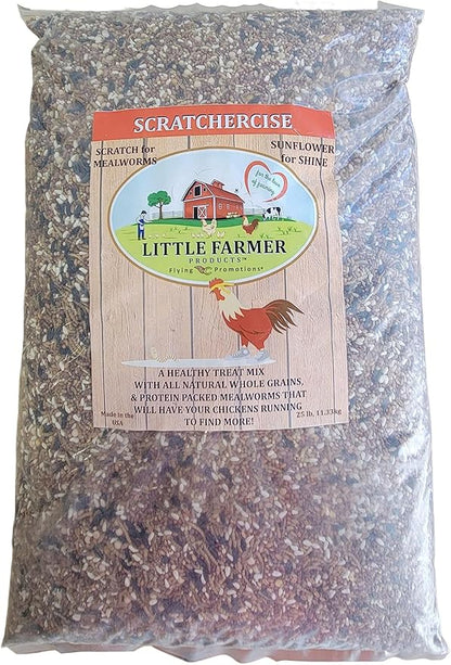 SCRATCHERCISE Premium Chicken Poultry Free-Range Scratch Treat Mix | Wheat, Milo, Peas, Sunflower, Safflower, Flax, Mealworms (25 lbs)