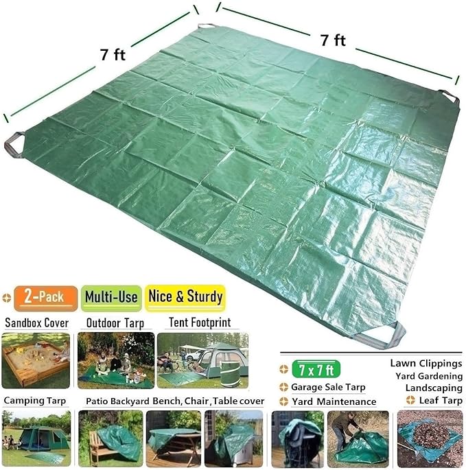2-Pack 7x7ft Yard Garden Leaf Tarp 4 Handles Waterproof Tarps for Sandbox Cover,Lawn Debris,Yard Waste Tarp,Landscape Pruning,Leaf Hauler,Outdoor Camping Tarps,Tent Footprint,Patio Table,FirePit Cover