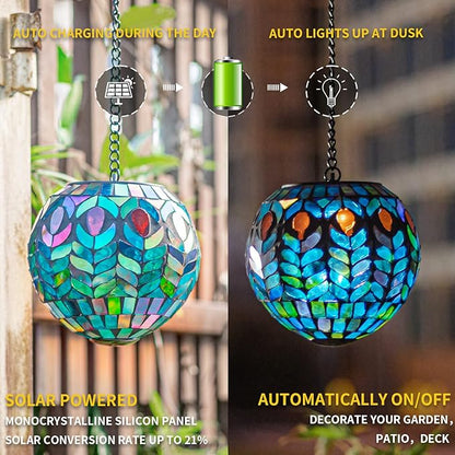 VCUTEKA Hanging Solar Lanterns Mosaic Solar Lights with Hook Up, Outdoor Garden Lights Decor for Yard Tree Fence Patio