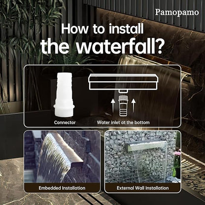 Pond Waterfall Spillway Stainless Steel Pool Fountain, APP Control LED Lighted Waterfalls Kit, Outdoor Water Flow Waterfalls Kit for Garden Patio Koi Pond Decoration-23.6"x7.8"x3.9"