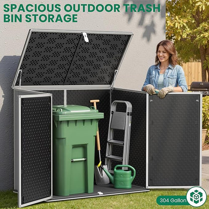 Outdoor Trash Can Storage Shed 4.6 x 4.1 FT, 304 Gallon Resin Shed with Lockable Doors & Lift Lid, Waterproof Outdoor Storage for Garden Tools, Cushions and Patio Equipment (Gary)