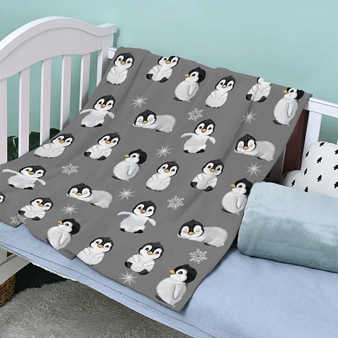 Thuswarm Cute Penguin Grey Flannel Throw Blanket Gifts Warm Cozy Soft Funny Print Blankets for Summer Room Decoration Bed Couch Sofa 40”×30” XSmall for Pets