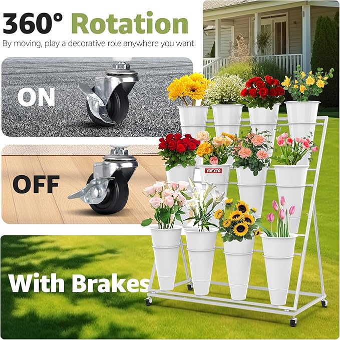 Flower Display Stand 3 Layers with 12 PCS Round Buckets, Plant Stand with Wheels, Movable Metal Plant Stand for Terrace Garden, Florist Shop