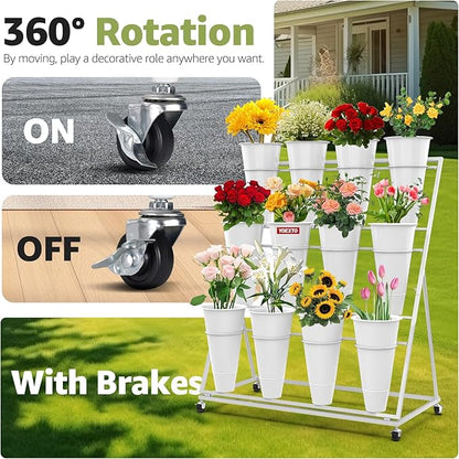 Flower Display Stand 3 Layers with 12 PCS Round Buckets, Plant Stand with Wheels, Movable Metal Plant Stand for Terrace Garden, Florist Shop