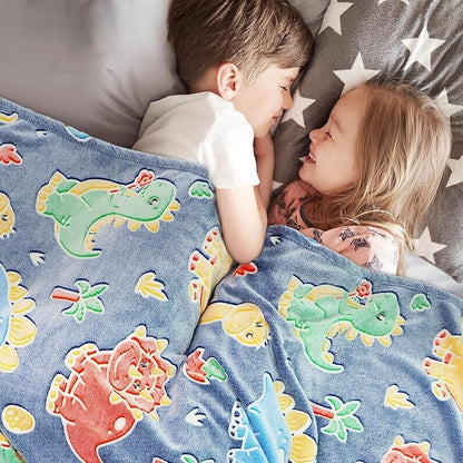 Cute Kids Blanket Glow in The Dark Dinosaur for Boys Flannel Glowing Bed Sofa Couch Soft Warm Blankets Christmas Birthday Gifts Teen 40"x50"
