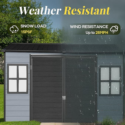 8x4 FT Resin Storage Shed with Floor Included, Outdoor Plastic Sheds & Outdoor Storage Clearance with 2 Windows and Lockable Door, Backyard Storage Shed for Garden Tools, Bike, Black+Grey