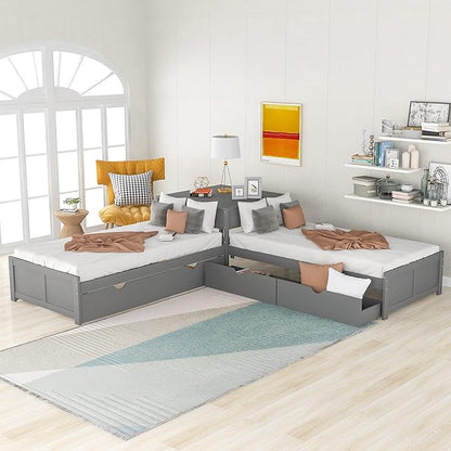 Harper & Bright Designs L-Shaped Platform Bed Frame with Trundle and Drawers Linked with Built-in Desk for Kids Boys Girls, Twin, Gray