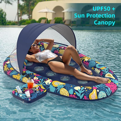 3-in-1 Pool Floats with Canopy Cup Holder, Large 73" x 48" Pool Floats Adults Heavy Duty, Inflatable Lounger Raft Floating Chair with Backrest, Swimming Pool Lake Beach Pool Party