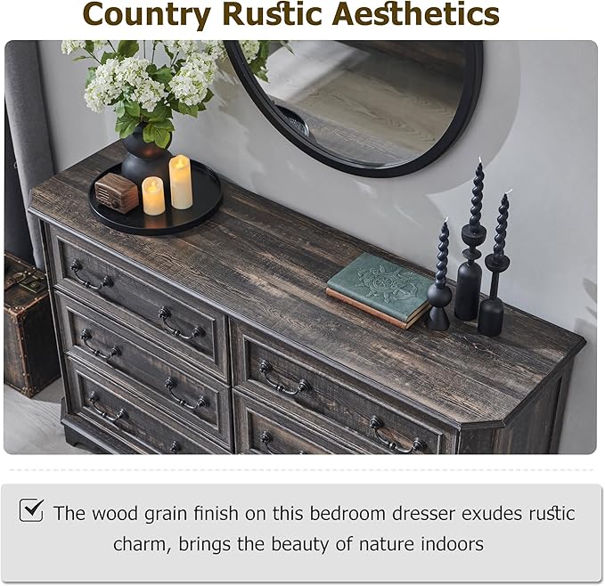 T4TREAM Farmhouse 6 Drawers Dresser for Bedroom, 54" Wide Wood Rustic Chest of Drawers with Natural Texture, Vintage Design, Storage Dressers Organizer for Bedroom, Living Room, Dark Rustic Oak