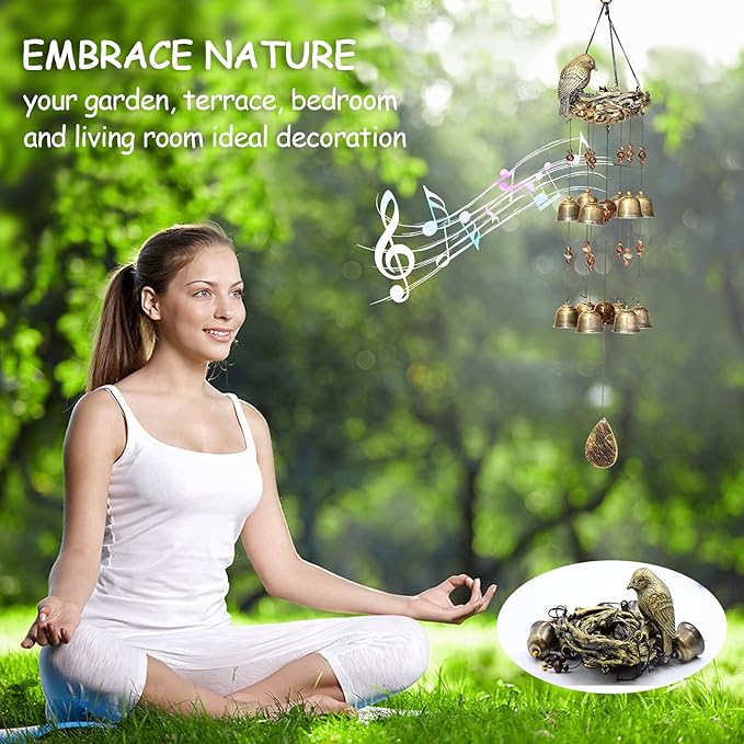 Bird Nest Wind Chimes,Wind Chimes for Outside with 12 Wind Bells for Glory Mothers Love Gift,Bird Bells Chimes Hanging Decoration for Outside Garden Yard Church, Bronze