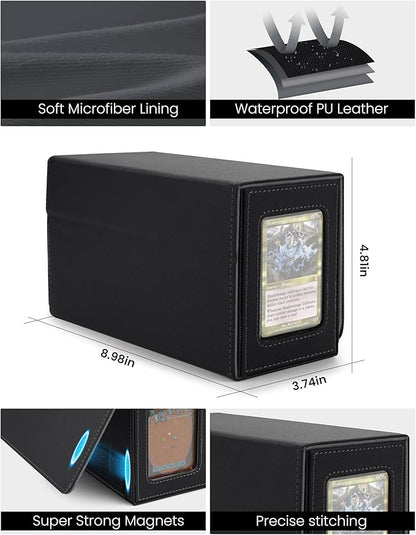 MRAUF MTG Deck Box with Double Commander Display and Dice Tray, Fits 200+ Double Sleeved Cards, Card Storage Box Plus 2 Magnetic Holders& 100Pcs Card Sleeves (Black)