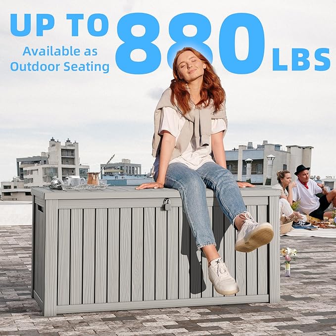 180 Gallon Deck Box,Resin Outdoor Storage Box with Lockable for Patio Furniture, Pool Accessories, Garden Tools Waterproof Outside Storage Box, Grey