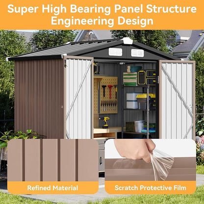 Aoxun 6x3.9 FT Shed Metal Outdoor Storage Shed Garden Shed with Lockable Doors Tool Shed Bike Shed for Backyard, Patio, Poolside (Brown)