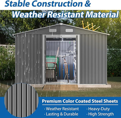 8×10 Ft Metal Outdoor Storage Shed with Floor Base and Sliding Door, 0.25mm Galvanized Steel Metal Garden Tool Shed Waterproof Backyard, Patio, Garden, Dark Grey