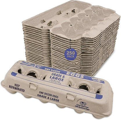 Stromberg's Grade A Large Printed Egg Cartons, Biodegradable and Eco-Friendly, Made From Recycled Materials, With Educational Prints for Safe Handling Instructions and Nutrition Facts, 250 Pack
