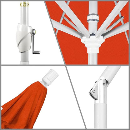 California Umbrella 7.5' Round Aluminum Market Umbrella, Crank Lift, Push Button Tilt, White Pole, Sunset Olefin