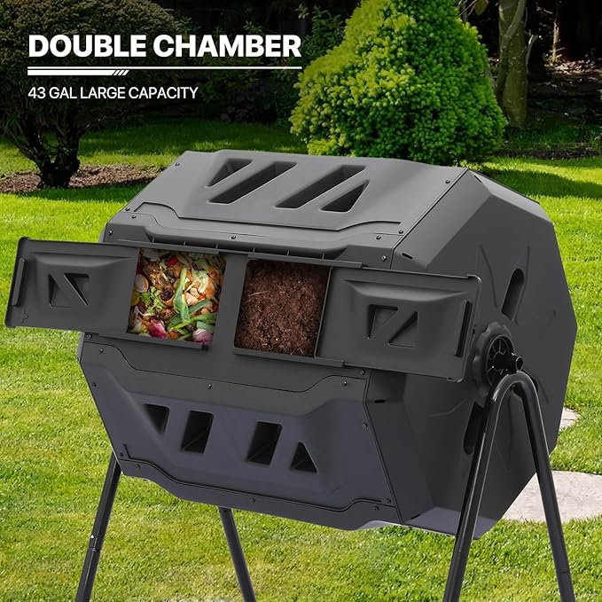 MoNiBloom 43 Gallon Compost Tumbler, Outdoor BPA Free Large Dual Chamber Tumbling Compost Bin All-Season Fast Working Tumbling Composter, High Volume Composter with 2 Sliding Doors