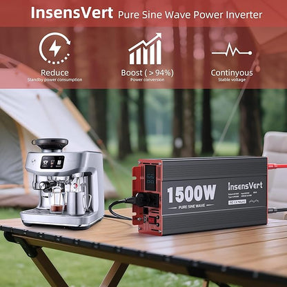 1500 Watt Pure Sine Wave Power Inverter DC 12V to 120V AC, with 2 AC,18W USB, and 30W Type-C Charging Ports, Car Solar Power Inverters with LCD Display for Home RV Truck, Surge 3000W(1500W-12V)
