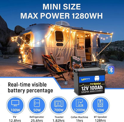 Wattcycle 12V 100Ah LiFePO4 Lithium Battery Mini with Bluetooth, 100Ah BMS BCI Group 24, 1.28kWh Energy, Mini 12V Lithium Battery for RV, Marine, Boat, Trailer Lifepo4 Batterys
