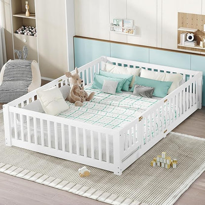 Harper & Bright Designs Queen Floor Bed Frame with Safety High Fence, Wood Montessori Beds with Door, Floor Bed Queen with Solid Wood Support Slats for Boys, Girls, Kids, White