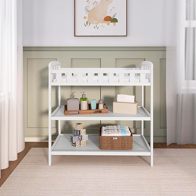 Dream On Me Emily Changing Table, Compact and Portable, Solid New Zealand Pinewood, Safety Rails, Two Storage Shelves, Includes Water-Resistant 1" Changing Pad — White