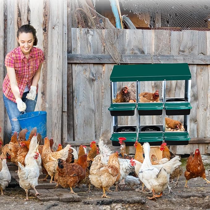 GarveeHome 2-Tier Chicken Nesting Box, 6 Compartment Metal Chicken Laying Boxes with Waterproof Roof ＆ Removable Trays for Hens, Poultry，Easy Egg Collection