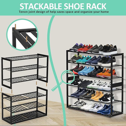Bamboo Shoe Rack for Closet, Stackable 3 Tier Longer Shoe Organizer Shelf Holder Storage 12-15 Pairs for Entryway Door Hallway Bedroom Garage Space Saving Foldable Black