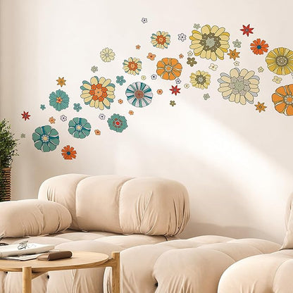 Boho Retro Flower Wall Decal - Retro Floral Decor Stickers,Peel and Stick Bohemian Style Flowers Decals for Kids Bedroom Nursery Playroom Living Room and Bedroom Wall Decorations