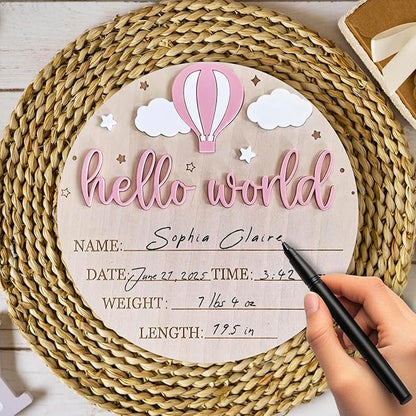 Wood Baby Birth Keepsakes Plaques Hello Worlds Welcome Sign Customizable Nursery Wall Decors for Newborns