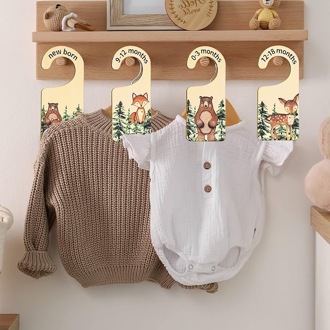 Whaline 8Pcs Woodland Design Hanging Wooden Baby Closet Size Dividers and Organizer - Newborn to 24 Months - Thicken Wardrobe Organizer for Home Nursery Clothes Decor