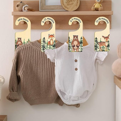 Whaline 8Pcs Woodland Design Hanging Wooden Baby Closet Size Dividers and Organizer - Newborn to 24 Months - Thicken Wardrobe Organizer for Home Nursery Clothes Decor