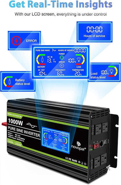 Novopal 1000 Watt Pure Sine Wave Power Inverter 12V DC to 110V/120V AC Converter- 4 AC Outlets Car Inverter with 1 USB Port-16.4 feet Remote Control,Two Cooling Fans and LCD Display Black