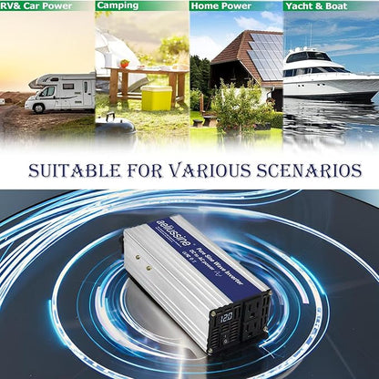 1200W Pure Sine Wave Inverter-12V DC to 110V 120V AC Power Converter with 2 AC Outlets, 12 Volt Power Inverter for Truck, Rv, Camping, Home, Emergency Power