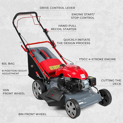 3 in 1 Gas Lawn Mower Self Propelled,173cc OHV Engine with Air Cooling, 20" Steel Deck,8-Level Height Adjustment, 60L Grass Catcher, Foldable Design for Yard Patio Lawn Red (US Fast Arrival