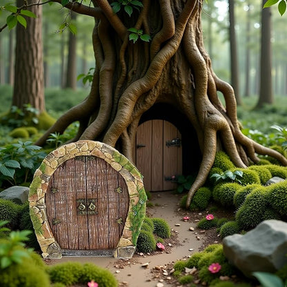 Brown Mini Fairy Garden Door for Tree, 3D Miniature Fairy Door, Bonsai Terrarium Micro Landscape Decoration Accessories, Garden Miniatures