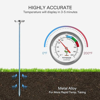VIVOSUN Compost Thermometer, 20 Inch Backyard Soil Thermometer with Stainless Steel Dial for Composting Bins, Outdoor Gardening and Planting (0-200°F)