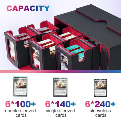 Commander Deck Box for MTG, 6-Deck Modular Card Case with Dice Tray Holds 600+ Double-sleeved Cards, Removable Trading Cards Storage Box with 35PT Magnetic Card Holders for TCG, Black Red
