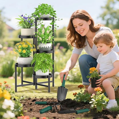 iDavosic.ly Plant Stand with Garden Tools, 5 Tier Corner Metal Flower Display Holder Shelf Indoor Outdoor, Folding Tall Orchid Rack for Patio Balcony Porch Living Room House, Black