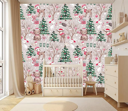 XMPMBM-Christmas Day Cartoon Pine Forest Nursery Room Fabric Wallpaper Kids Bedroom Hand-Painted Graffiti Wall Mural-W 154" X H 105"（112 Square Foot）