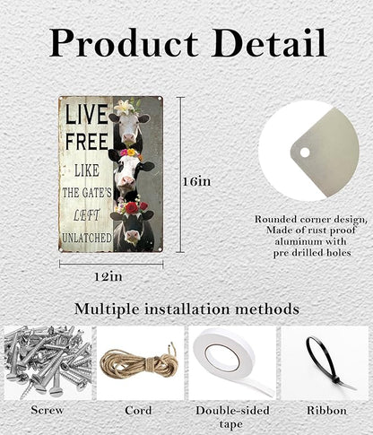 8x12-In Vintage Cow Decor Sign – ‘LIVE FREE LIKE THE GATE'S LEFT UNLATCHED’ – Funny Rustic Metal Wall Plaque for Kitchen, Porch, Cow Shed – Waterproof Gift for Cow Lovers & Moms